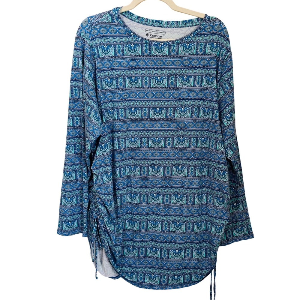 Coolibar Womens 2X Blue Printed UPF 50+ Long Sleeve Knit Tunic Top Ruched Sides